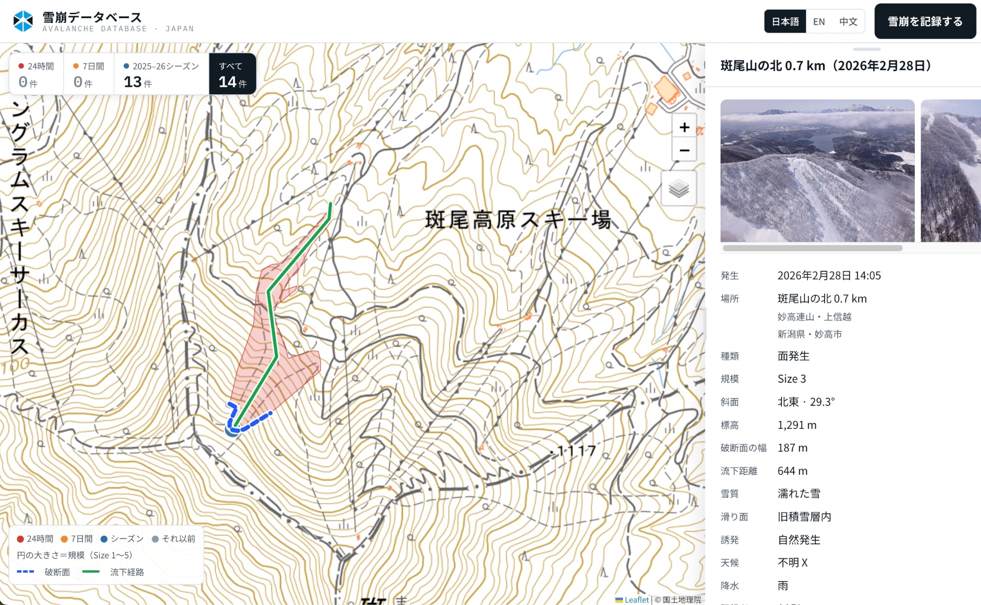 雪崩データベースの画面。地形図の上に、斑尾高原スキー場の雪崩の範囲・破断面・流下経路と、記録の詳細を表示している